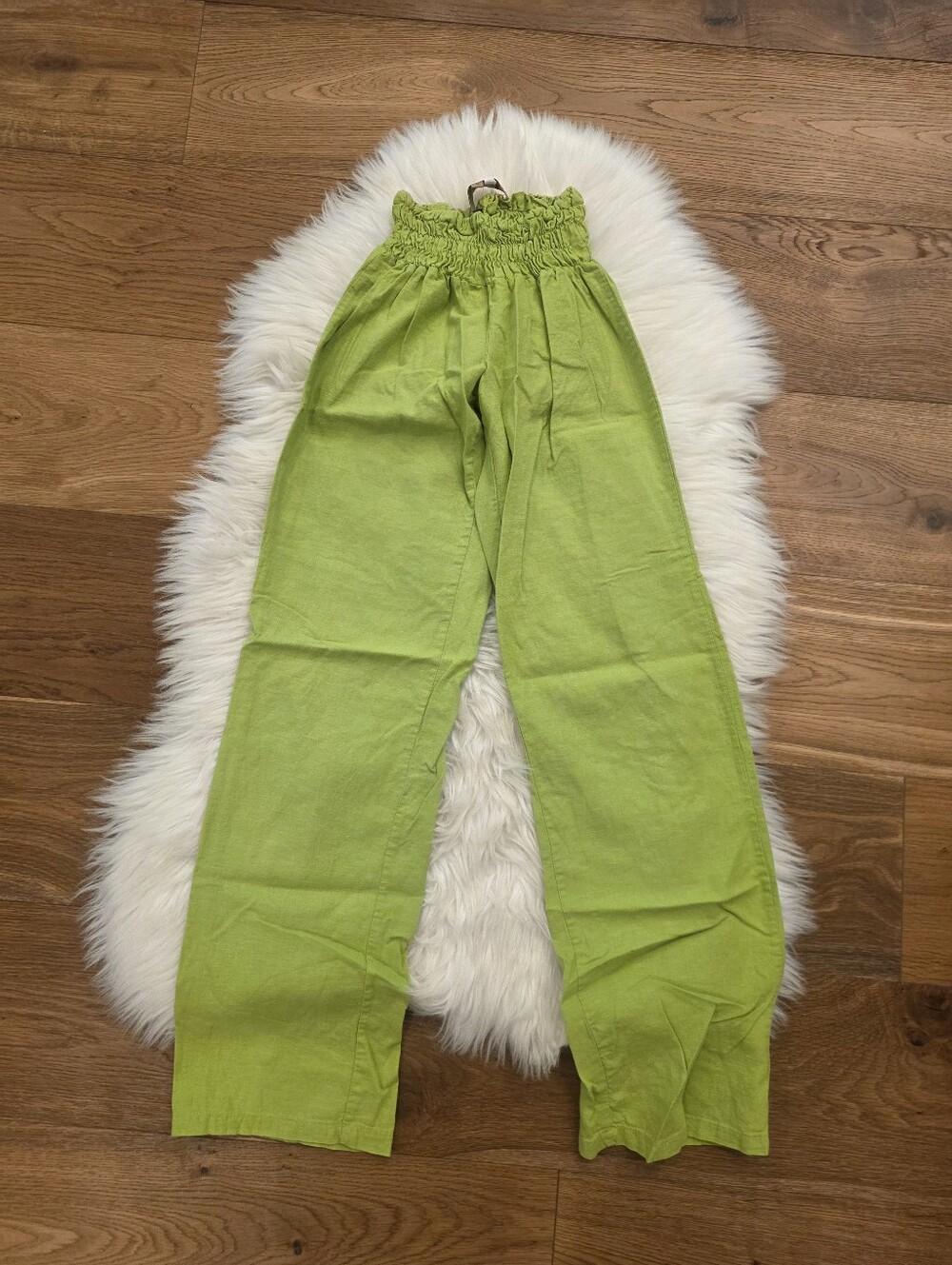 Vintage Bright Lime Green Smocked-Waist Linen Pants